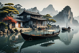 中式山水间的古建与行舟