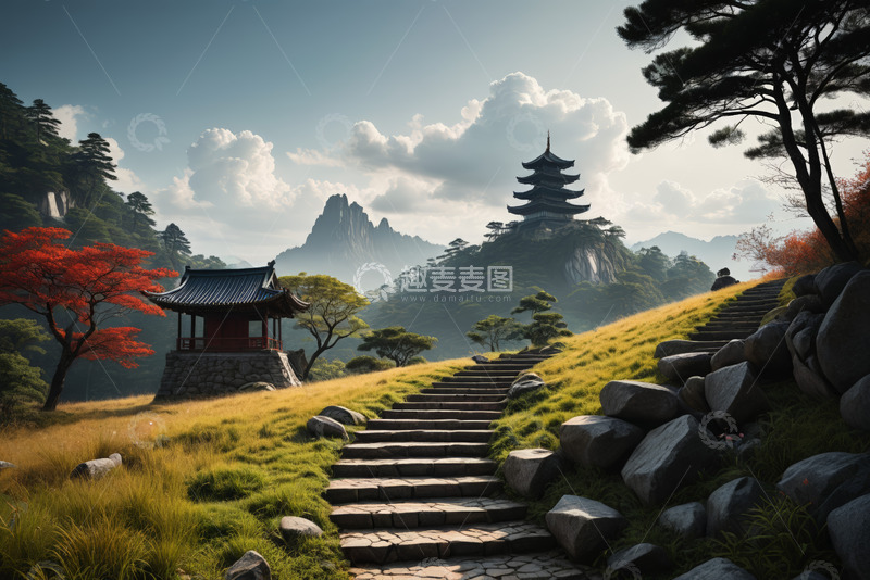 高清大图下载【趣麦麦图】山间古建筑风景全景