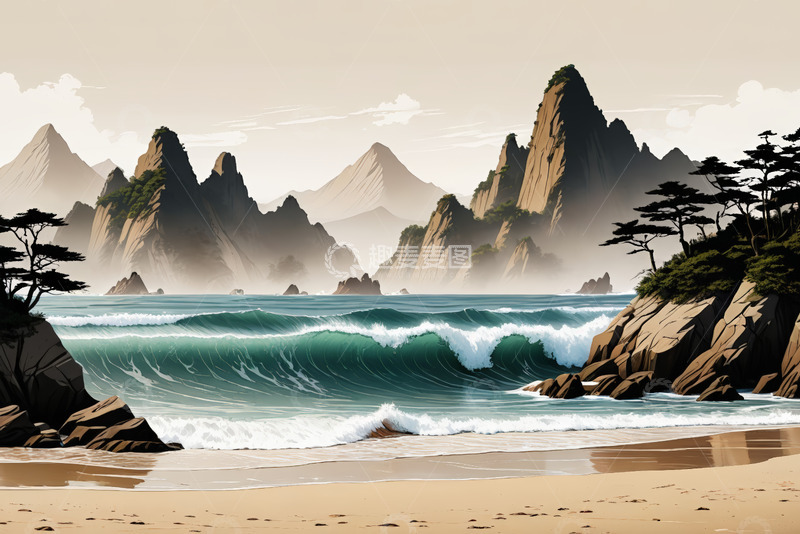 高清大图下载【趣麦麦图】海边山峦与海浪风景