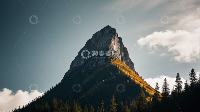 高清大图下载【趣麦麦图】阳光下的山峰与森林景观