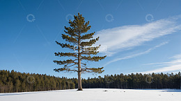雪地上的单棵松树与远处森林
