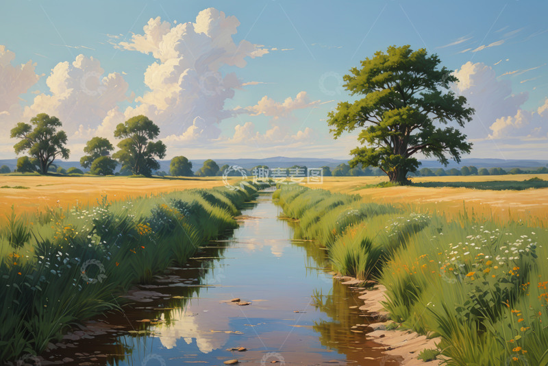 高清大图下载【趣麦麦图】田园风光河流与田野景色