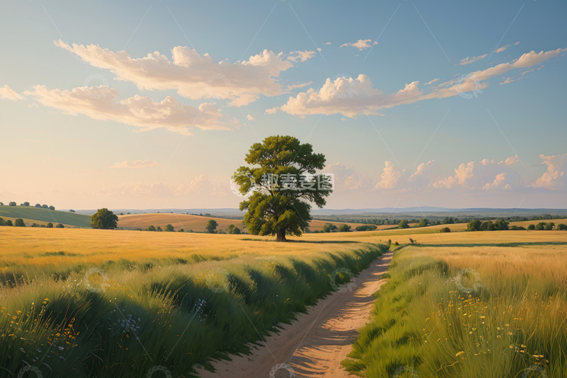 高清大图下载【趣麦麦图】田野间绿树与小路风景