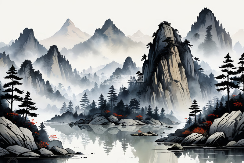 高清大图下载【趣麦麦图】水墨风格山水风景