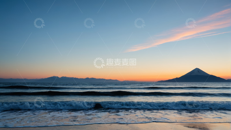 高清大图下载【趣麦麦图】海滩日落时分与远处富士山景观