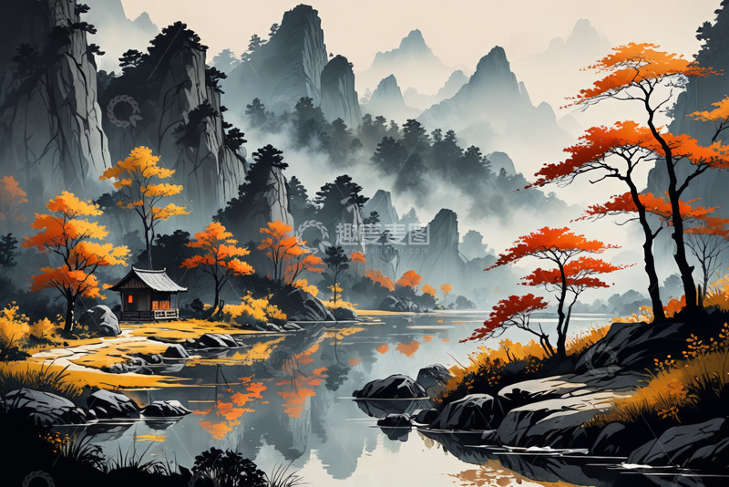 高清大图下载【趣麦麦图】秋季中式山水风景