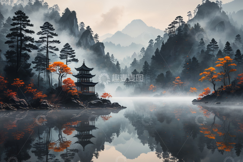 高清大图下载【趣麦麦图】山水间中式古亭自然风光