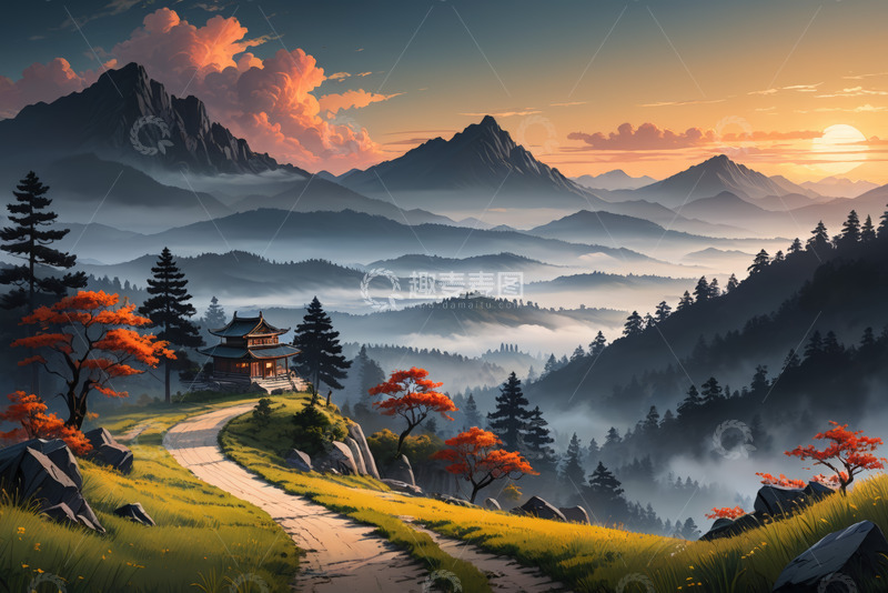 高清大图下载【趣麦麦图】山间落日古建筑风景