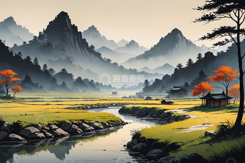 高清大图下载【趣麦麦图】中式山水田园风光