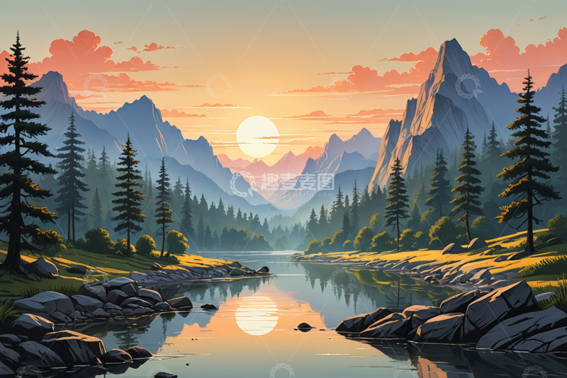 高清大图下载【趣麦麦图】山林湖畔日落自然风光