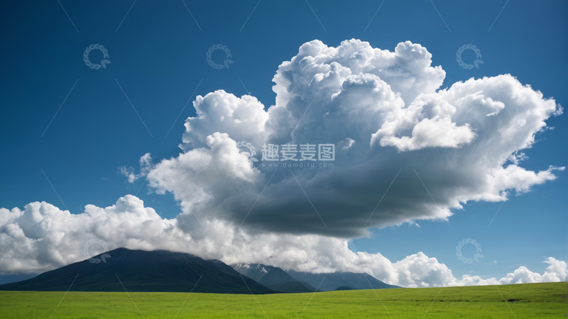 高清大图下载【趣麦麦图】蓝天白云下的草原与远山