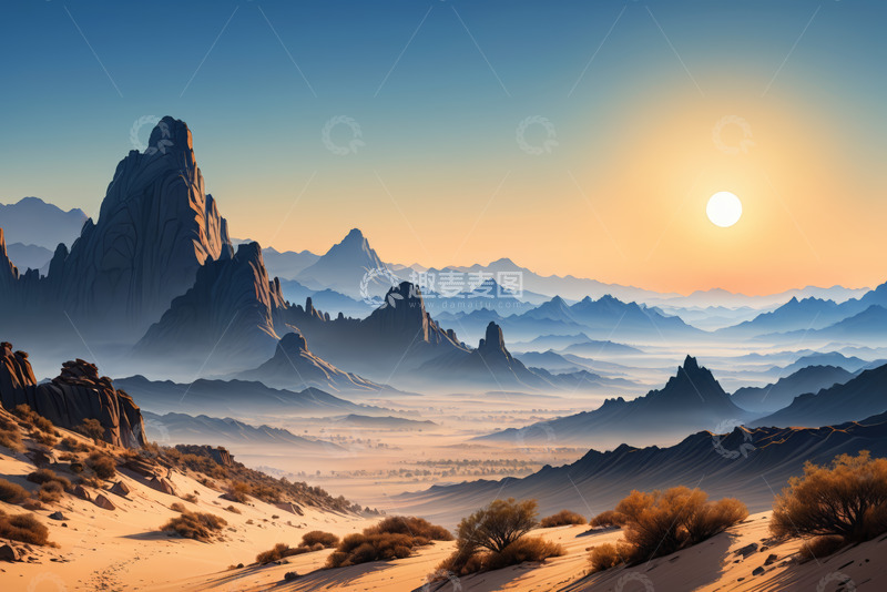 高清大图下载【趣麦麦图】沙漠山脉日出全景