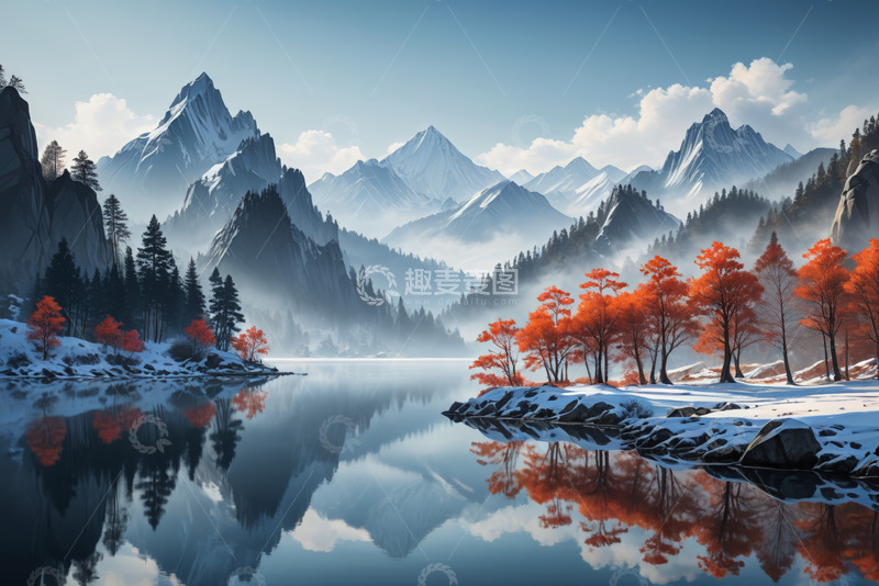 高清大图下载【趣麦麦图】雪山湖泊森林自然风光景色