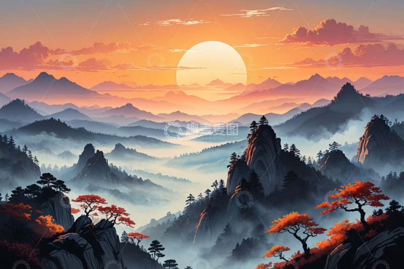 高清大图下载【趣麦麦图】夕阳下连绵群山与红叶景观