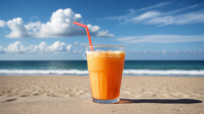 高清大图下载【趣麦麦图】沙滩上的一杯橙汁饮品