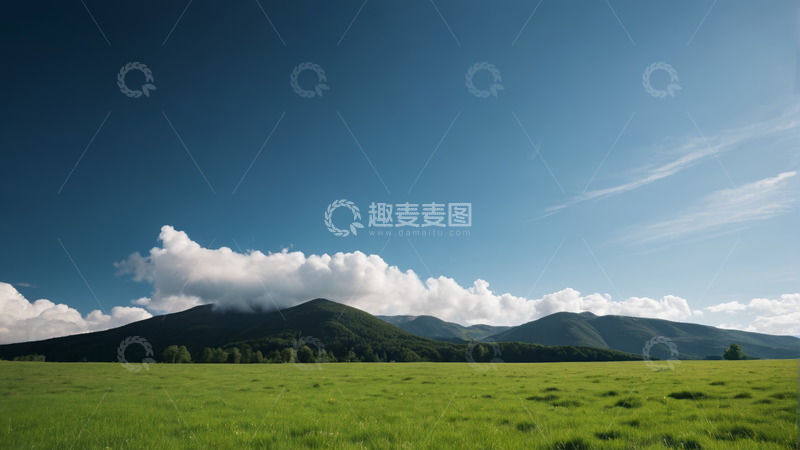 高清大图下载【趣麦麦图】蓝天白云下的绿色原野与远山