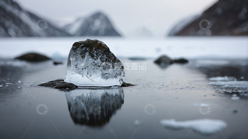 高清大图下载【趣麦麦图】冰面孤冰与远山风景