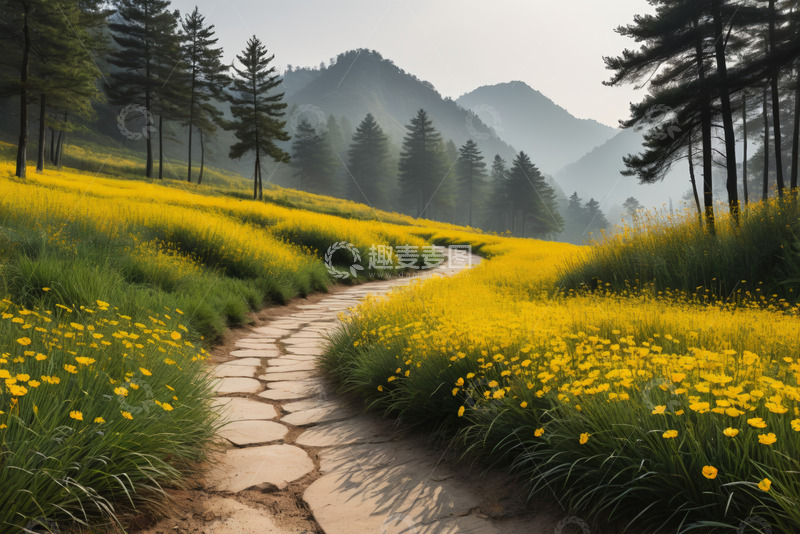 高清大图下载【趣麦麦图】山间黄花小径自然风光