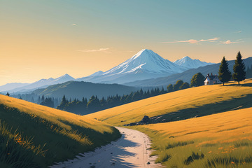 山间草甸与远处雪山风景