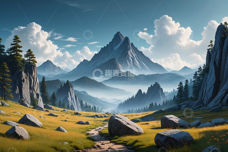 高清大图下载【趣麦麦图】山间草地与巍峨山脉风景