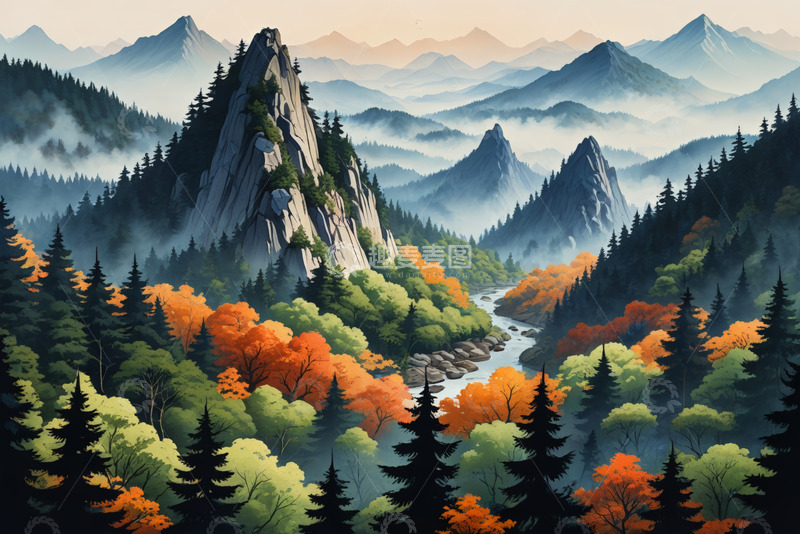 高清大图下载【趣麦麦图】山林间多彩树林与河流景观