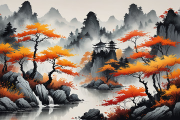 中式山水秋景古风插画素材