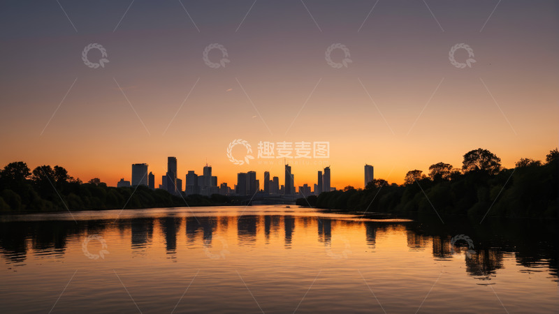 高清大图下载【趣麦麦图】河畔城市日落天际线景观
