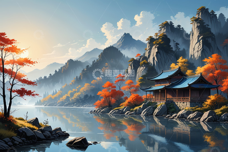 高清大图下载【趣麦麦图】山水间中式建筑秋日风光