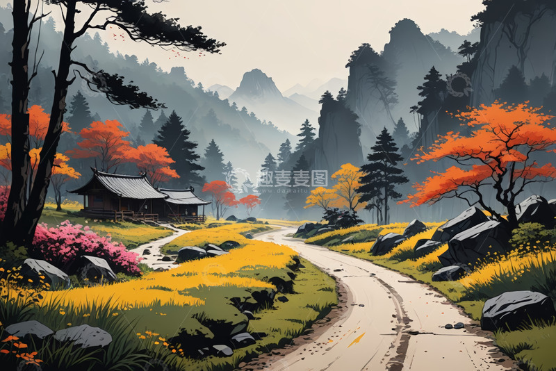 高清大图下载【趣麦麦图】山林间的中式小屋与蜿蜒小路