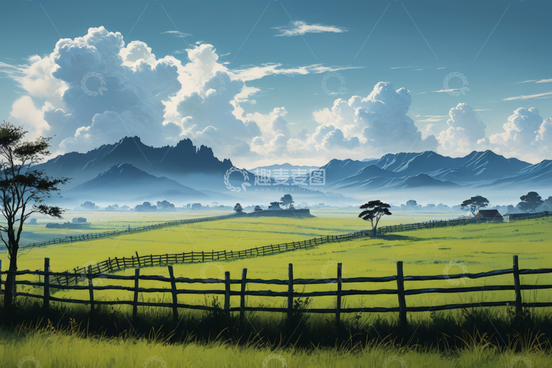 高清大图下载【趣麦麦图】黄绿色田野与远山风景