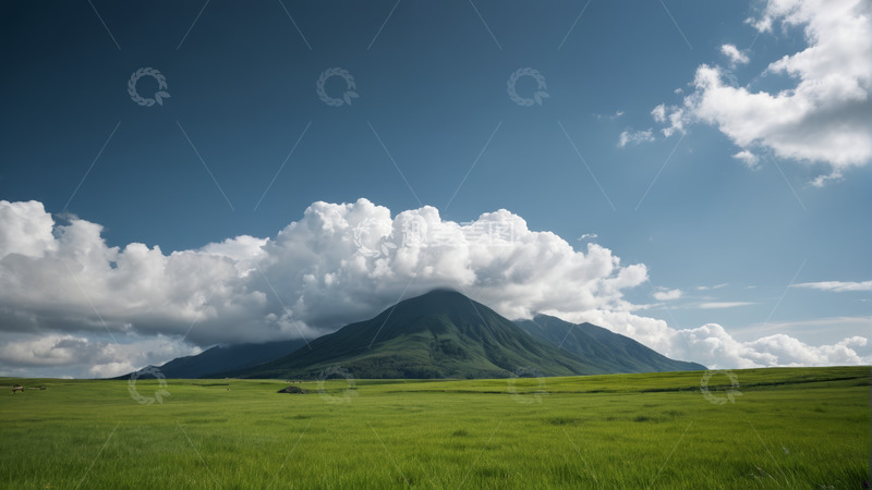 高清大图下载【趣麦麦图】草原青山与蓝天白云景观