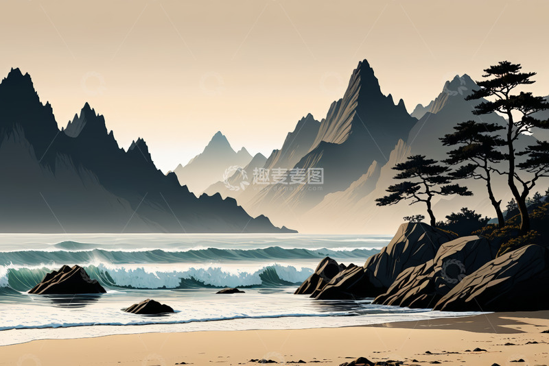 高清大图下载【趣麦麦图】海边山脉与松树风景