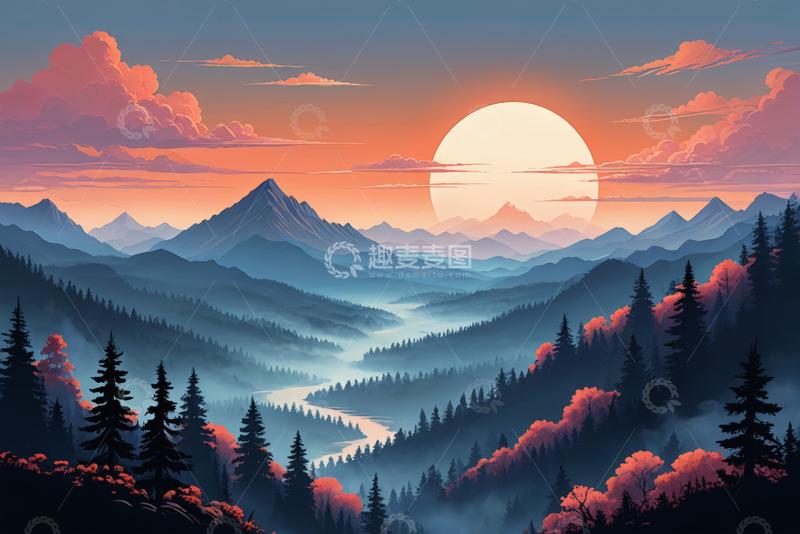 高清大图下载【趣麦麦图】山林间日落全景自然风光