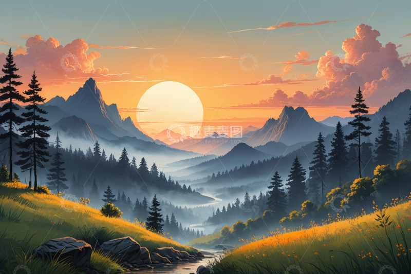 高清大图下载【趣麦麦图】山林间日落自然风光