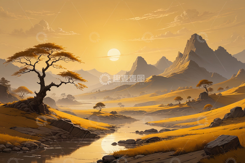 高清大图下载【趣麦麦图】黄昏时分山间河流风景