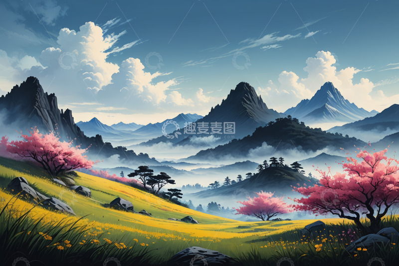 高清大图下载【趣麦麦图】山景风光图,粉色花树黄色草地