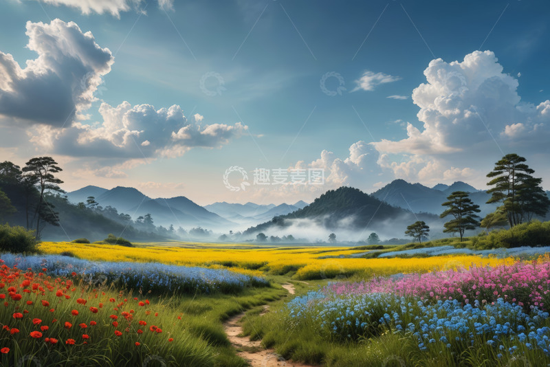 高清大图下载【趣麦麦图】山间多彩花田与云海风景