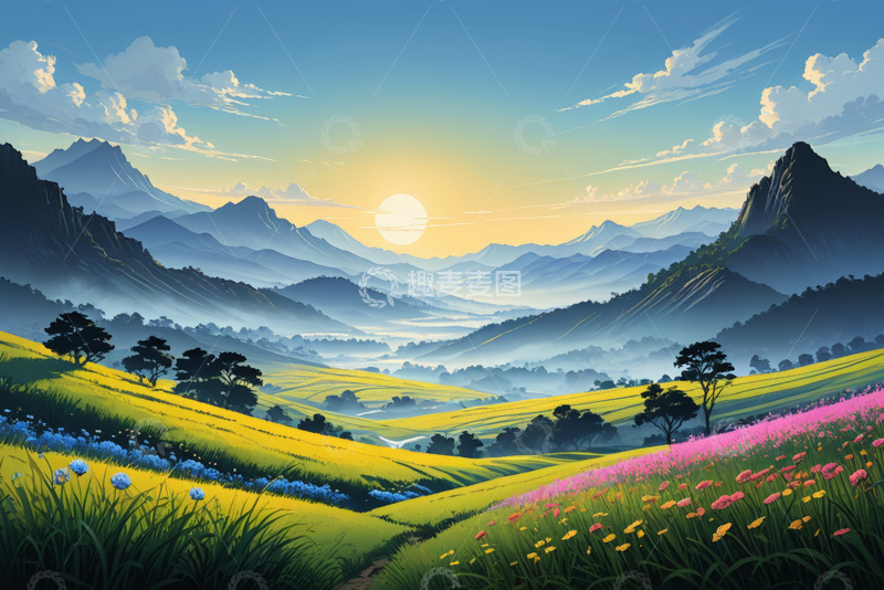 高清大图下载【趣麦麦图】山间田园风光日出美景