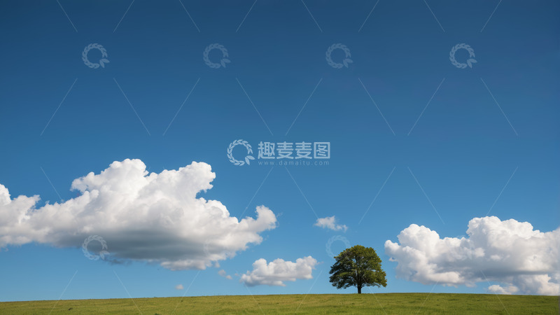 高清大图下载【趣麦麦图】草原上的孤树与蓝天白云