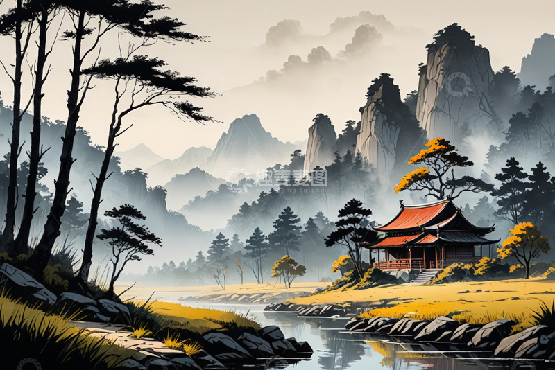 高清大图下载【趣麦麦图】中式山水风景中的传统建筑