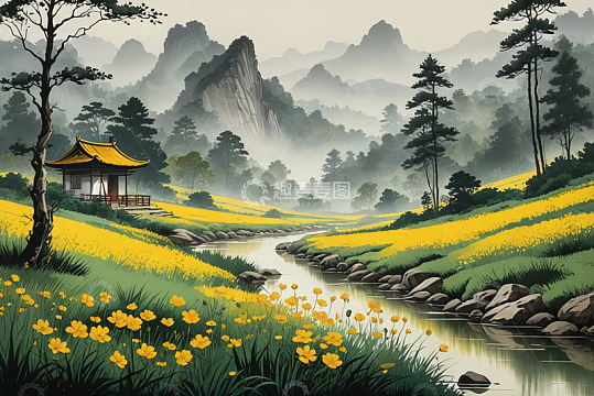 中式山水田园风景