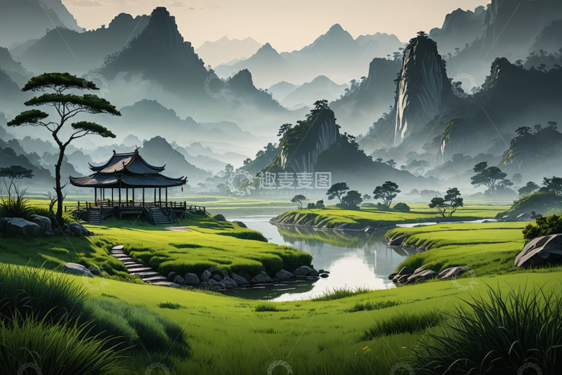 高清大图下载【趣麦麦图】古风山水间的中式亭阁景观