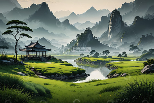 古风山水间的中式亭阁景观