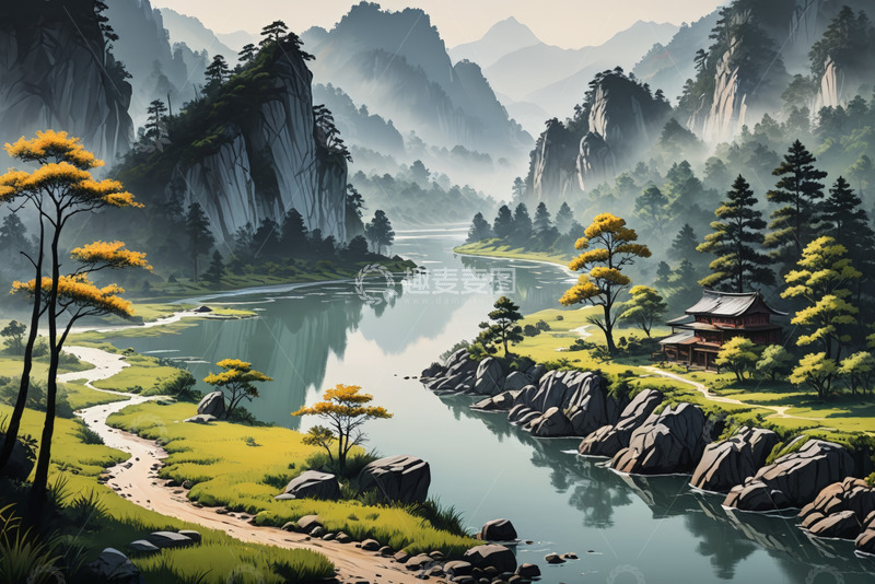高清大图下载【趣麦麦图】山水间的中式自然景观
