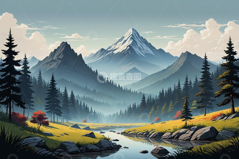 高清大图下载【趣麦麦图】山林间河流与远山风景