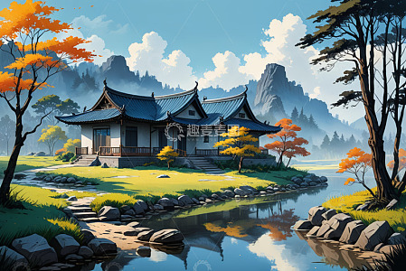 中式古风庭院山水风景