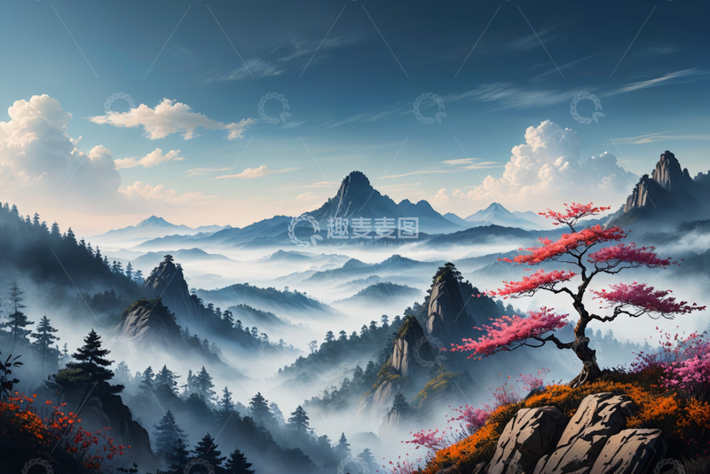 高清大图下载【趣麦麦图】山间云雾与盛开红树风景