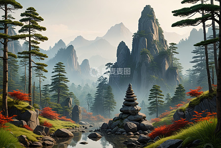 山林间的石堆与自然风光