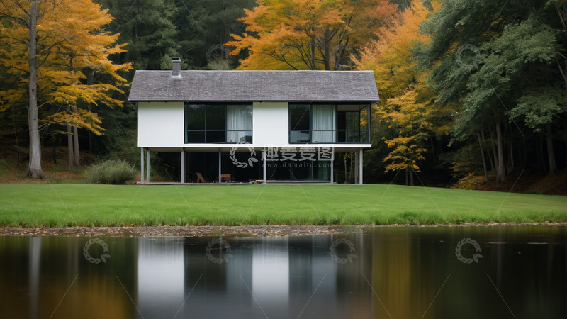 高清大图下载【趣麦麦图】湖畔现代住宅与秋日森林景观