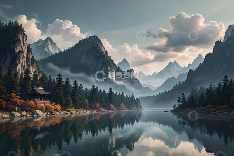 高清大图下载【趣麦麦图】山水间中式建筑自然风光
